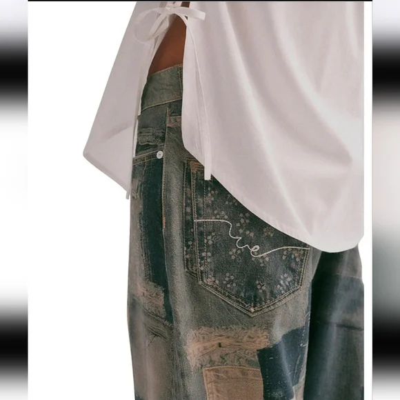 Free People Illusions Patchwork Printed Jeans Barrel Leg Relaxed Indigo 27 NWT - Picture 10 of 15